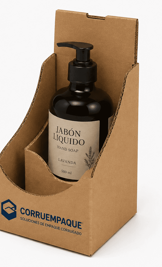Caja de cartón corrugado cortada a medida, con el frente rebajado en curva y un envase de jabón líquido dentro