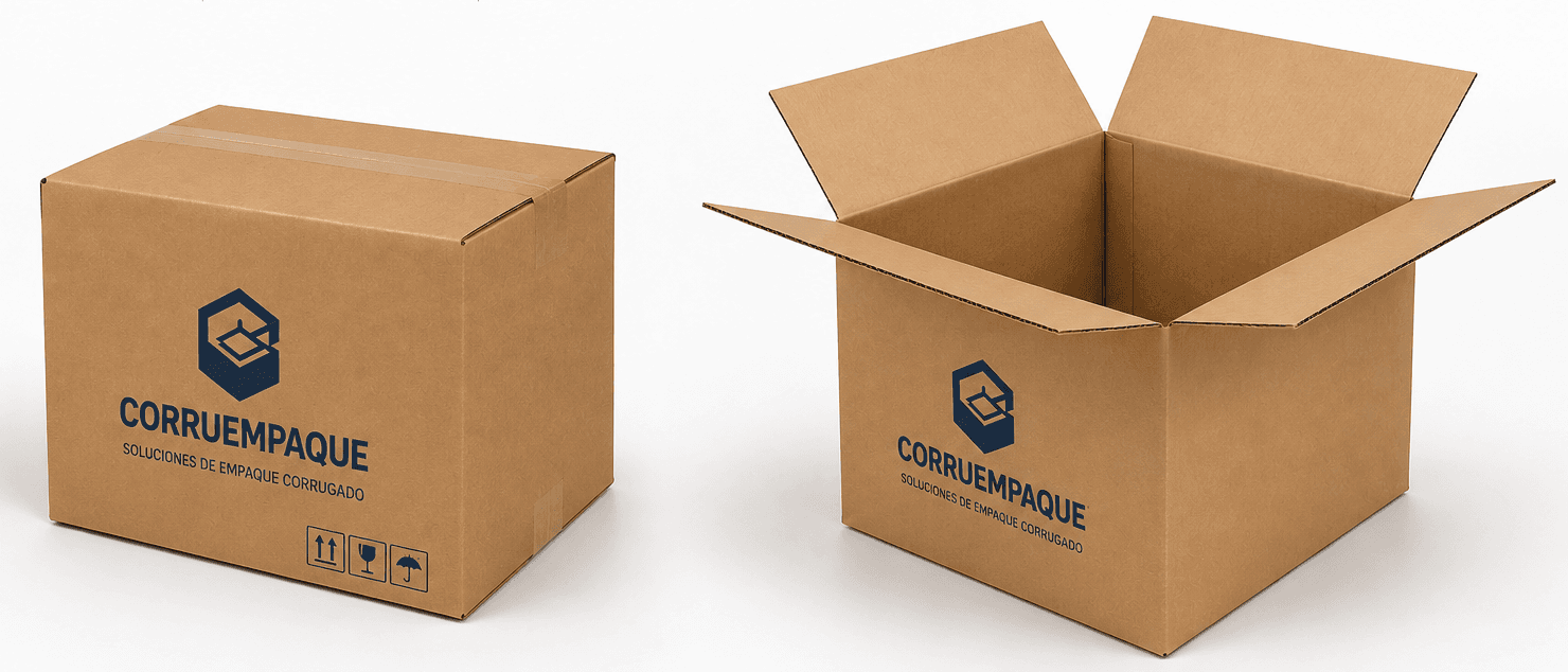 Caja regular ranurada de cartón corrugado con el logo de Corruempaque impreso, una cerrada y otra abierta